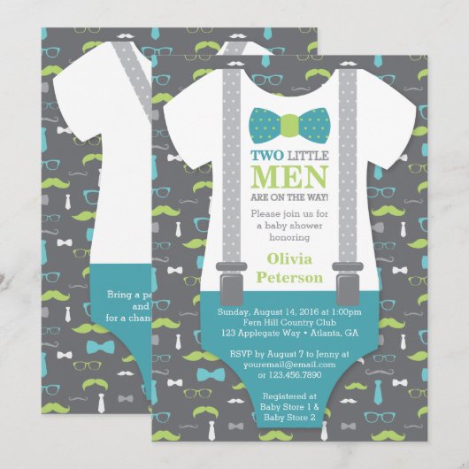 Invitation Baby shower Twin Little Man, Turquoise (Devant / Derrière)