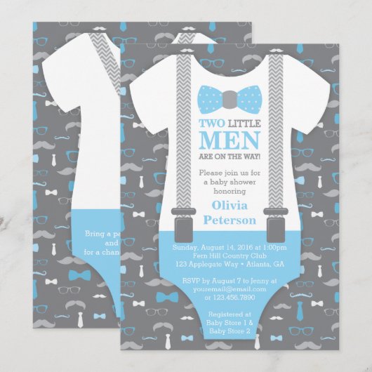 Invitation Baby shower Twin Little Men, Baby Blue (Devant / Derrière)