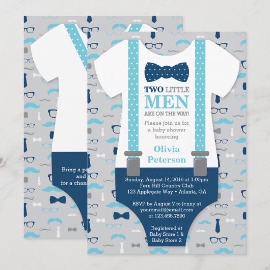 Invitation Baby shower Twin Little Men, Bleu, Gris (Devant / Derrière)