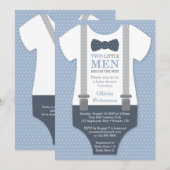 Invitation Baby shower Twin Little Men, Blue Grey (Devant / Derrière)