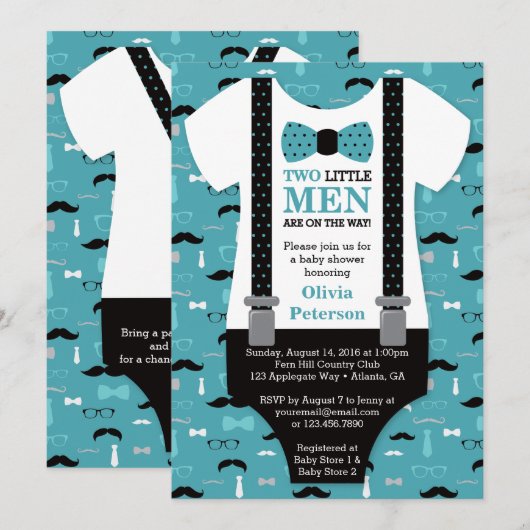 Invitation Baby shower Twin Little Men, Turquoise (Devant / Derrière)