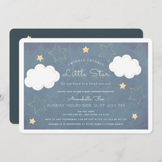Invitation Baby shower Twinkle Little Star Blue Chalkboard (Devant / Derrière)