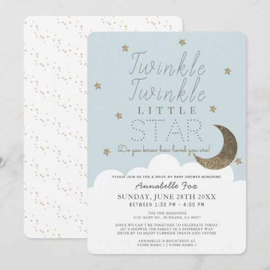 Invitation Baby shower Twinkle Little Star Blue Drive-by (Devant / Derrière)