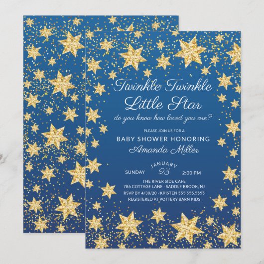 Invitation Baby shower Twinkle Little Star Boys (Devant / Derrière)