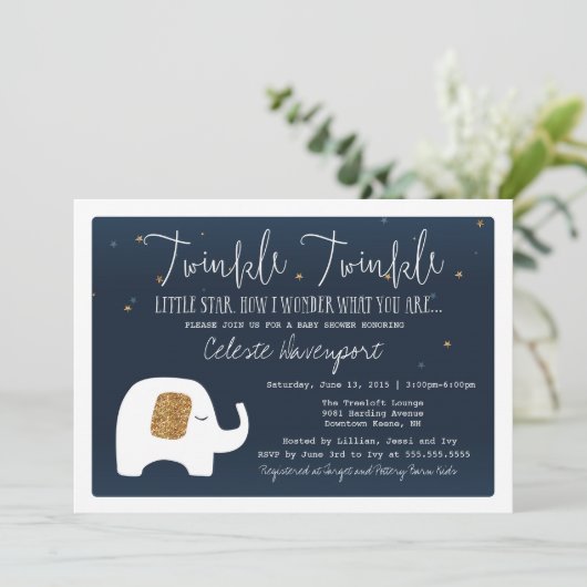 Invitation Baby shower Twinkle Little Star Elephan (Debout devant)