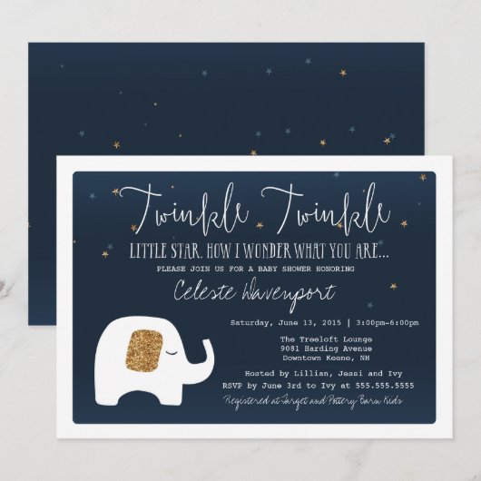 Invitation Baby shower Twinkle Little Star Elephan (Devant / Derrière)