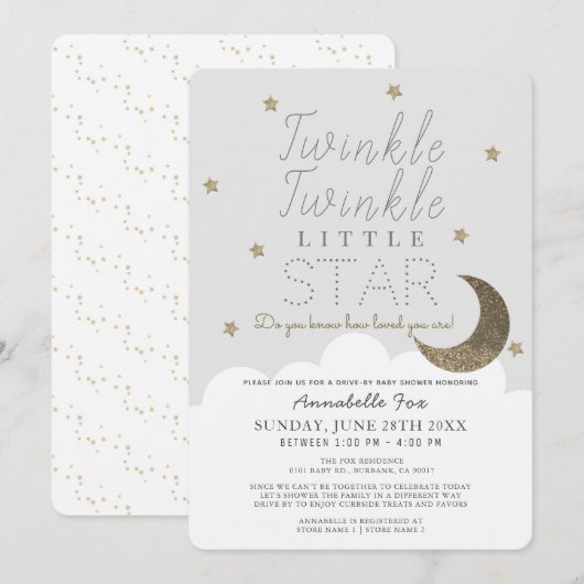 Invitation Baby shower Twinkle Little Star Grey Drive-by (Devant / Derrière)