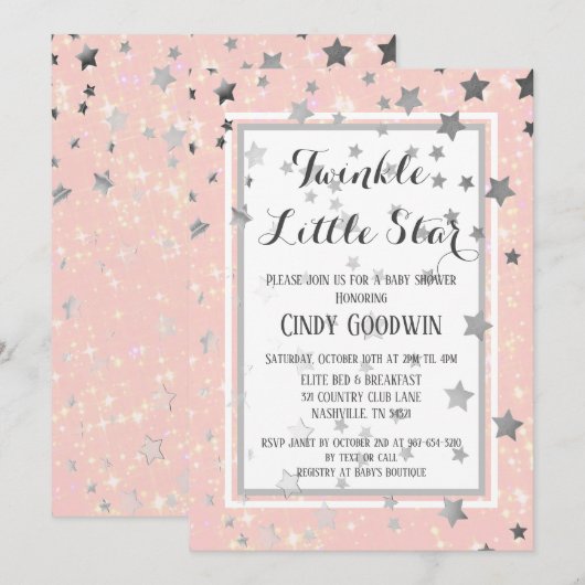 Invitation Baby shower Twinkle Little Star Rose Silver Stars (Devant / Derrière)