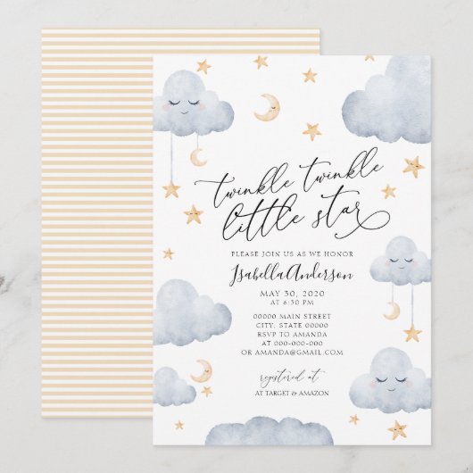 Invitation Baby shower Twinkle Little Star Yellow Stripes (Devant / Derrière)