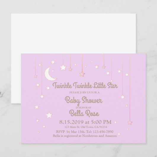 Invitation Baby shower Twinkle Twinkle Little Star (Devant / Derrière)