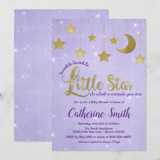 Invitation Baby shower Twinkle Twinkle Little Star (Devant / Derrière)