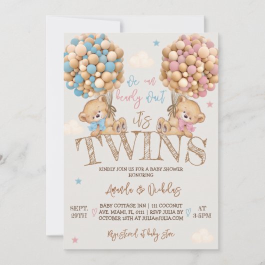 Invitation Baby shower Twins Bear Balloons (Devant)