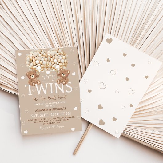 Invitation Baby shower Twins Bear Tan Ivory Hearts & Balloons