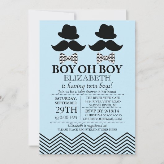 Invitation Baby shower TWINS de Little Man Mustache (Devant)