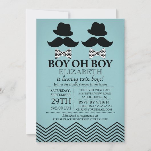 Invitation Baby shower TWINS de Little Man Mustache (Devant)