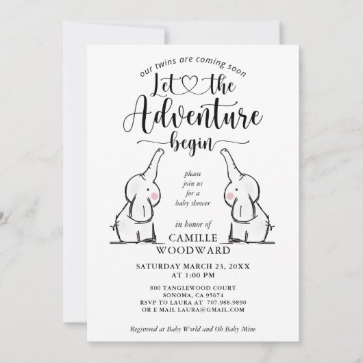 Invitation Baby shower Twins Elephants (Devant)