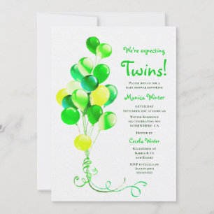 Invitation Baby shower Twins Green Balloons