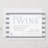 Invitation Baby shower Twins Gris et Blanc en bande (Devant)
