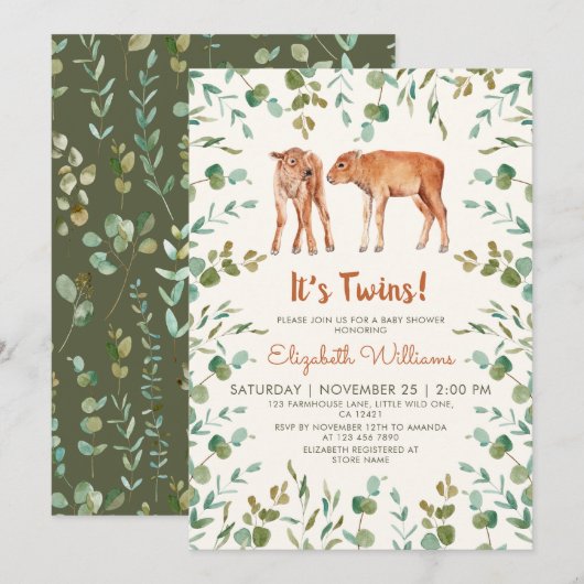 Invitation Baby shower Twins mignon Baby Bison (Devant / Derrière)