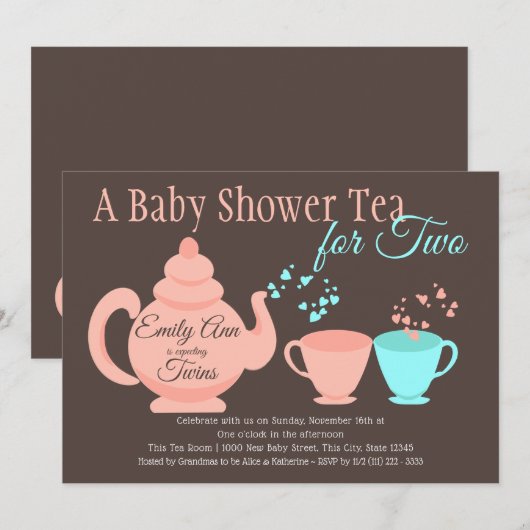Invitation Baby shower Twins Tea Party (Devant / Derrière)