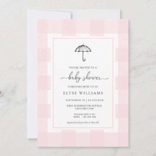 Invitation Baby shower Umbrella Pink En vichy (Devant)