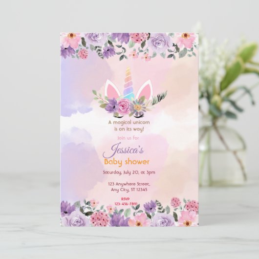 Invitation Baby shower Unicorn (Debout devant)