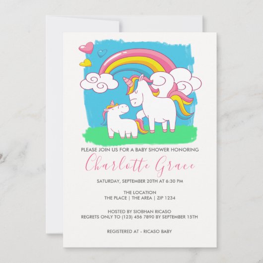 Invitation Baby shower Unicorn arc-en-ciel mignon (Devant)