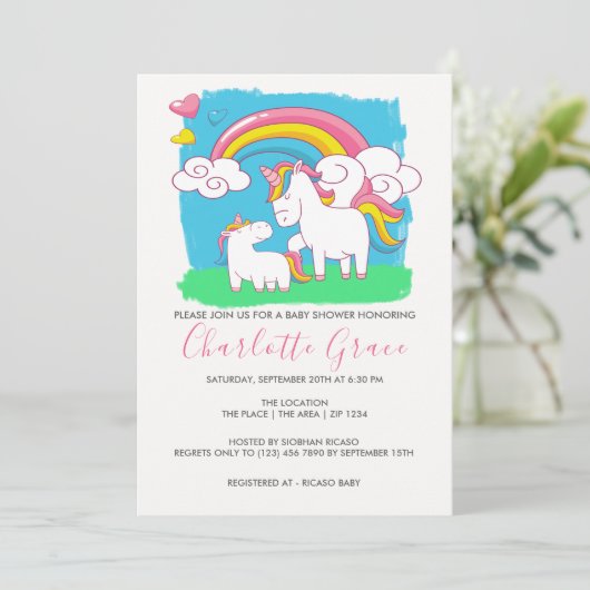 Invitation Baby shower Unicorn arc-en-ciel mignon (Debout devant)