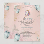 Invitation Baby shower Unicorn Blue Butterflies (Devant / Derrière)