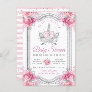 Invitation Baby shower Unicorn de diamants d'argent rose