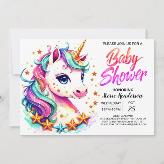 Invitation Baby shower Unicorn Enchanted Cute Pastel (Devant)