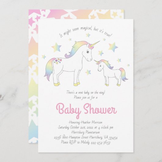 Invitation Baby shower Unicorn mignon (Devant / Derrière)