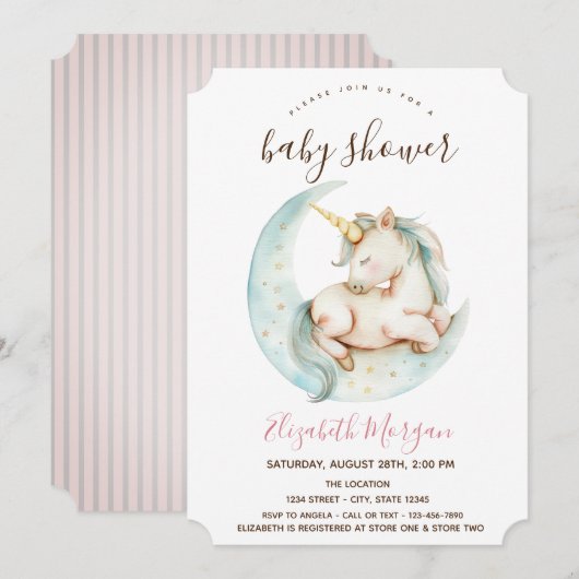 Invitation Baby shower Unicorn Moon Pink Stripes (Devant / Derrière)