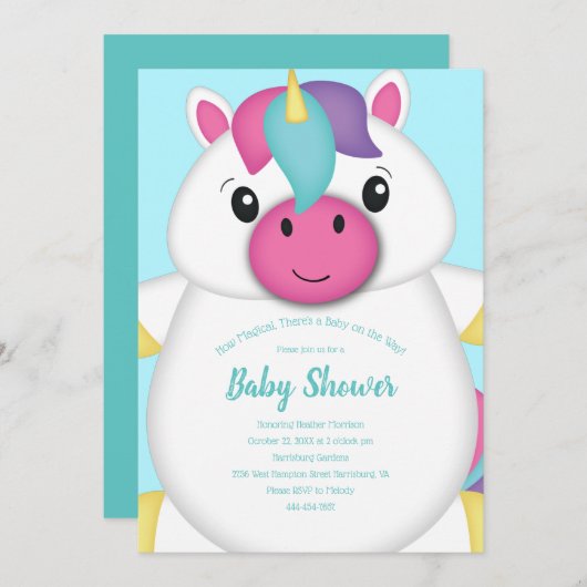 Invitation Baby shower Unicorn Turquoise (Devant / Derrière)