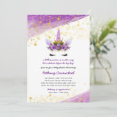 Invitation Baby shower Unicorne d'or violet (Debout devant)