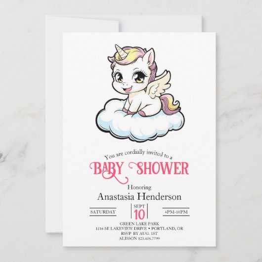 Invitation Baby shower Unicorne enchanté magique (Devant)