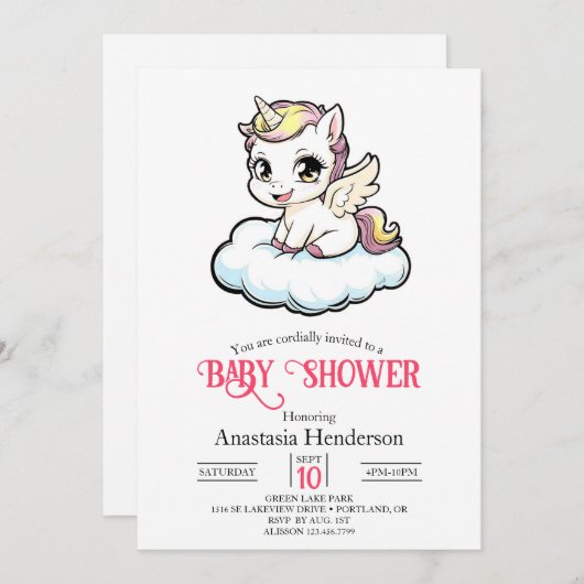 Invitation Baby shower Unicorne enchanté magique (Devant / Derrière)