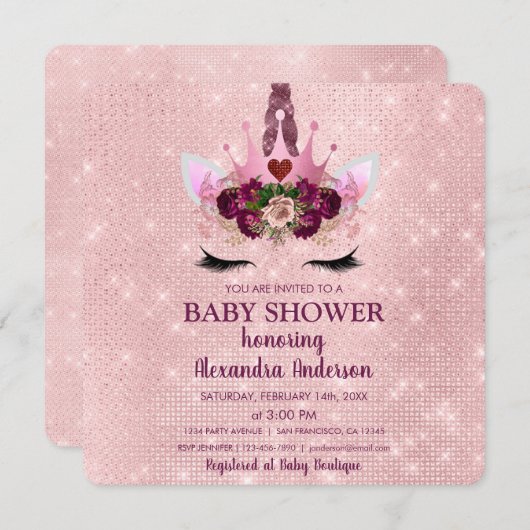 Invitation Baby shower Unicorne Fille Blush Pink Sparkle (Devant / Derrière)