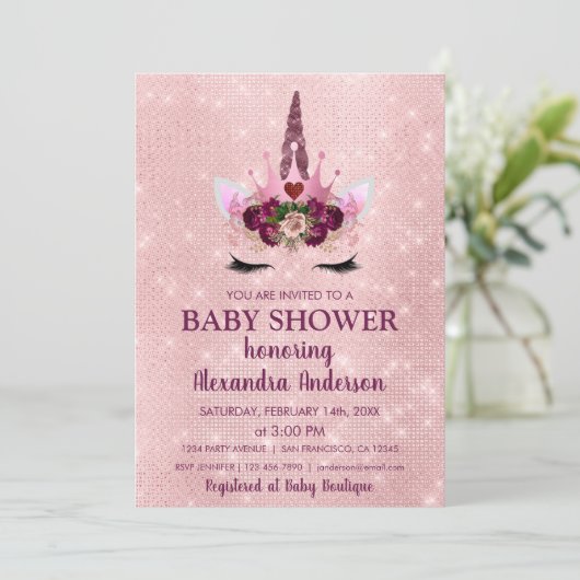 Invitation Baby shower Unicorne Fille Blush Pink Sparkle (Debout devant)