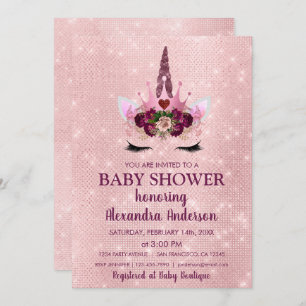 Invitation Baby shower Unicorne Fille Blush Pink Sparkle