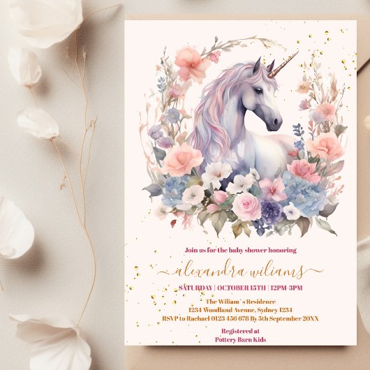 Invitation Baby shower Unicorne Floral Cute