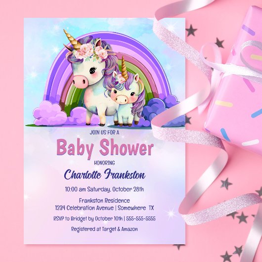 Invitation Baby shower Unicorne pourpre