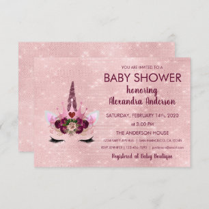 Invitation Baby shower Unicorne Rose de fille