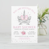 Invitation Baby shower Unicorne rose et argent diamant (Debout devant)