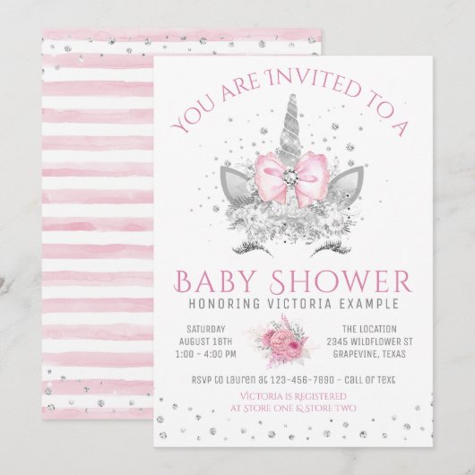 Invitation Baby shower Unicorne rose et argent diamant (Devant / Derrière)