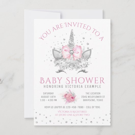 Invitation Baby shower Unicorne rose et argent diamant (Devant)