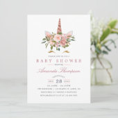 Invitation Baby shower Unicorne rose et Rose or bleu (Debout devant)