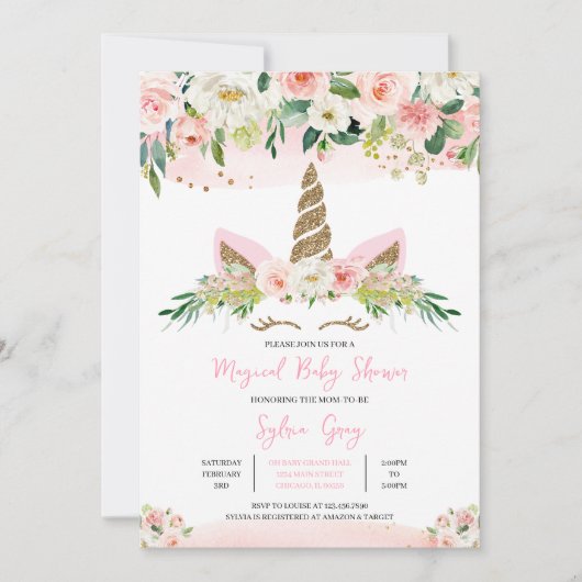 Invitation Baby shower Unicorne rose or (Devant)