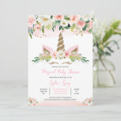 Invitation Baby shower Unicorne rose or (Debout devant)