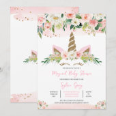 Invitation Baby shower Unicorne rose or (Devant / Derrière)
